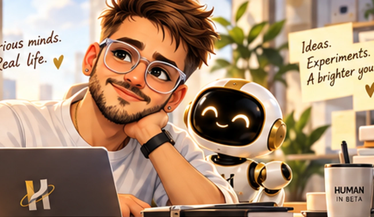 An animated male creator with glasses, next to a smiling gold-and-black AI robot at a laptop